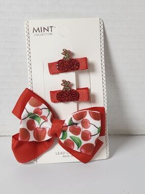 Mint Red Cherry Bow and Clip Set